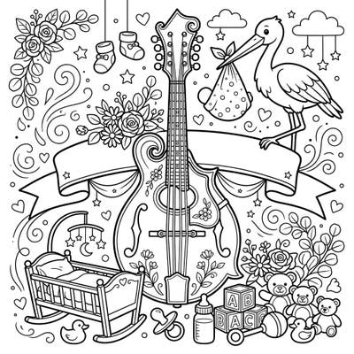 Celebrate new arrivals with this enchanting coloring page, blending the beauty of a mandolin with heartwarming baby shower essentials. It's a delightful way to welcome a new life with music and joy, perfect for all ages.