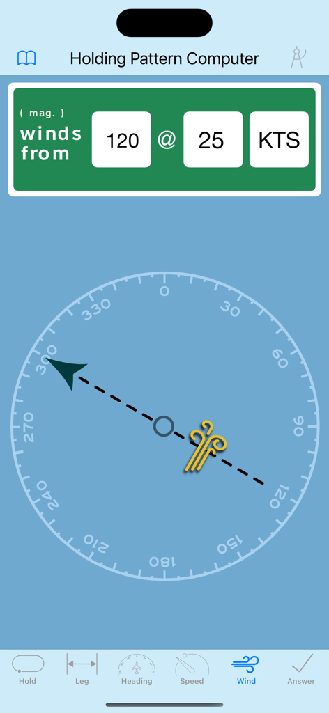 Wind speed and direction input screen in the Holding Pattern Computer app.