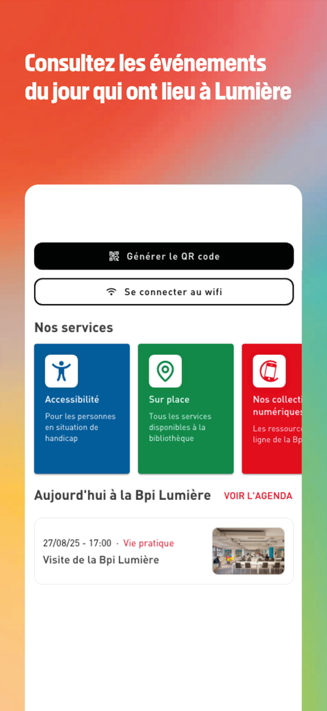 Bpi Lumière - Bpi Lumiere app interface featuring digital service buttons and the daily library event schedule.