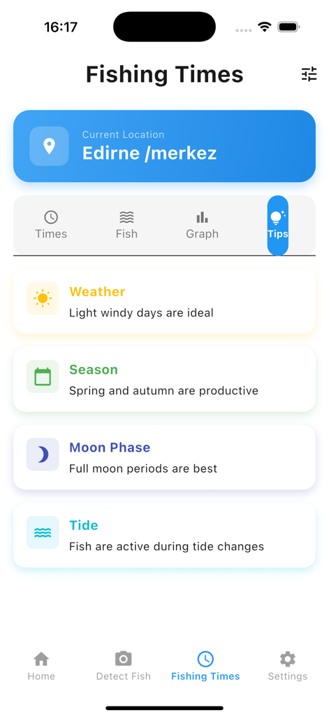 Fish Finder AI:Catch Time - App screen showing fishing times tips with weather season moon phase and tide data