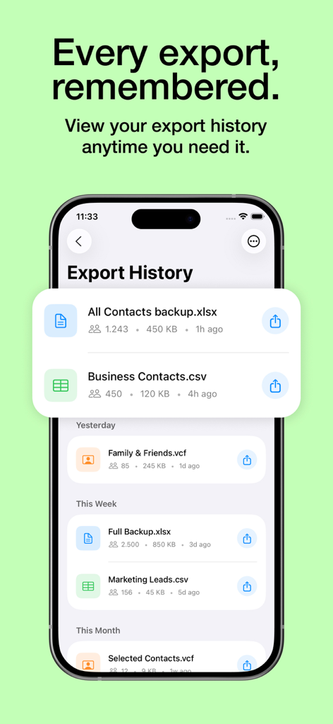 Smartphone-Bildschirm, der eine Historie exportierter Kontaktdaten im Excel- und CSV-Format anzeigt.
