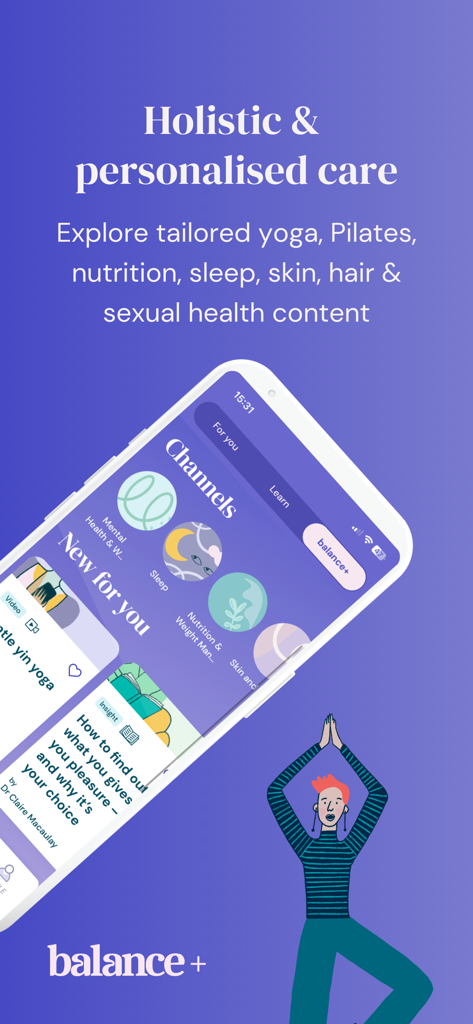Balance app interface showing personalized yoga nutrition and sleep content for menopause