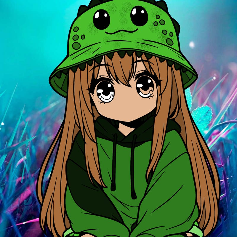 girl with anime shaped eyes with a dinosaur bucket hat oversized sweatshirt long straight hair