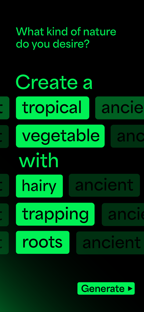 Future Botanica - 설명적인 프롬프트를 사용하여 투기적인 디지털 식물 종을 생성하기 위한 Future Botanica 앱 인터페이스