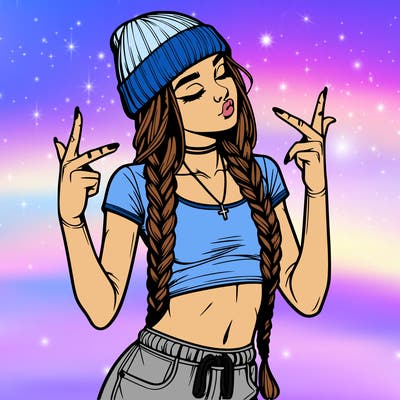 realistic teenage girl with braids and a beanie and crop top doing 🫶🏼