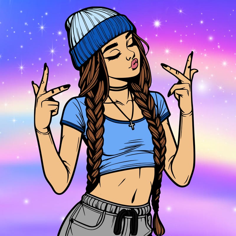 realistic teenage girl with braids and a beanie and crop top doing 🫶🏼