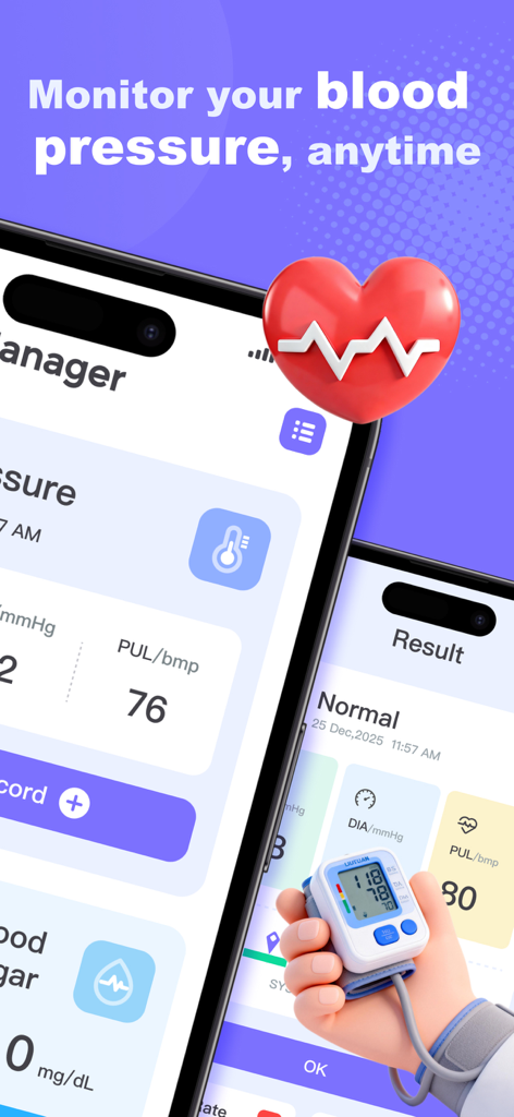 Easy BloodPressure - Easy BloodPressure app interface showing heart rate and blood sugar tracking on an iPhone