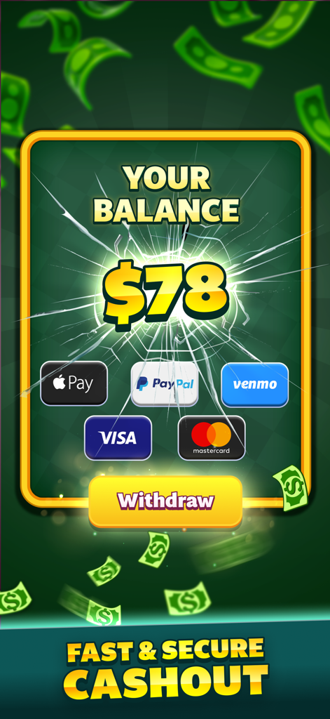 Match3 - Win Cash - Mobile game withdrawal interface showing a 78 dollar balance with icons for Apple Pay PayPal and Venmo