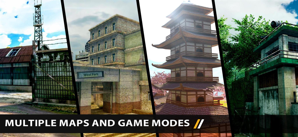 A collage of different gameplay maps in Bullet Force including urban, industrial, and traditional Asian environments.