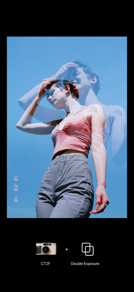 Un portrait de femme avec un effet de pellicule à double exposition vintage et un cachet de date.