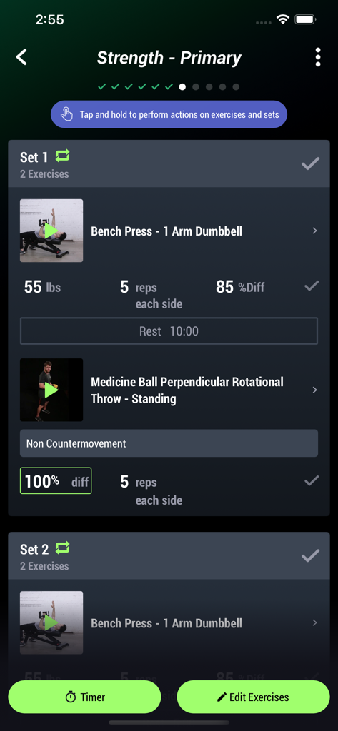BridgeAthletic - BridgeAthletic mobile app interface displaying a strength training session with exercise videos and performance tracking