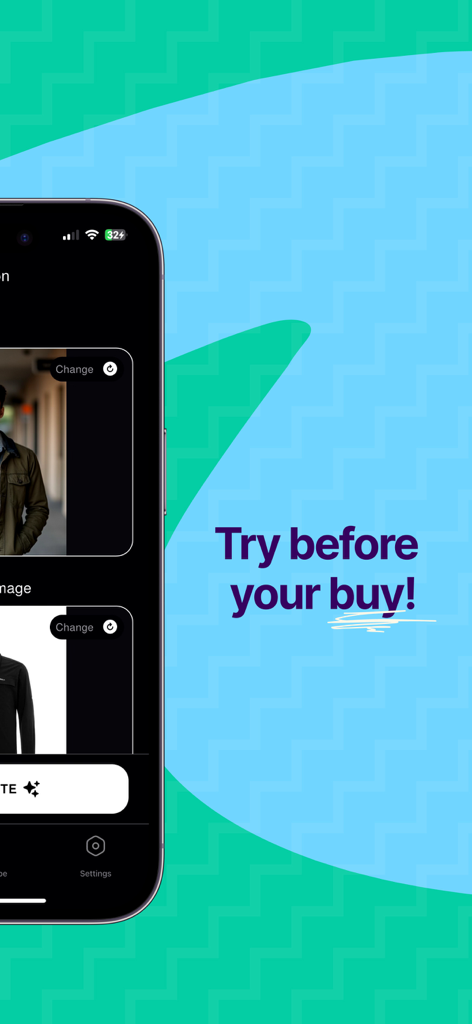 AI Clothes Changer: Dressy - Smartphone screen showing the Dressy app interface with the message Try before your buy