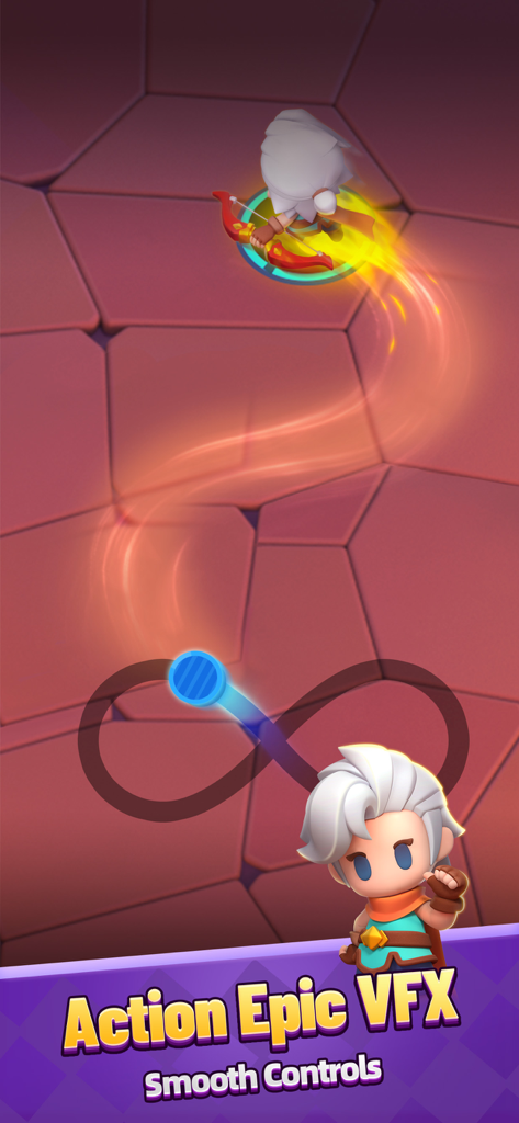 Captura de pantalla de jugabilidad de Archero 2 que muestra a un personaje moviéndose con estelas de luz brillantes y controles táctiles fluidos