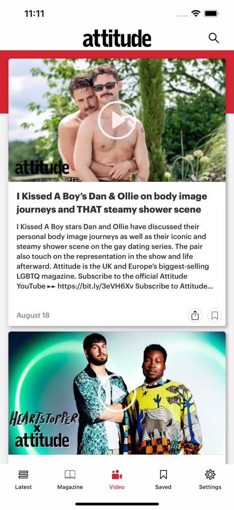 Attitude Magazine. - Video section of the Attitude Magazine app showing LGBTQ+ lifestyle content and celebrity news.