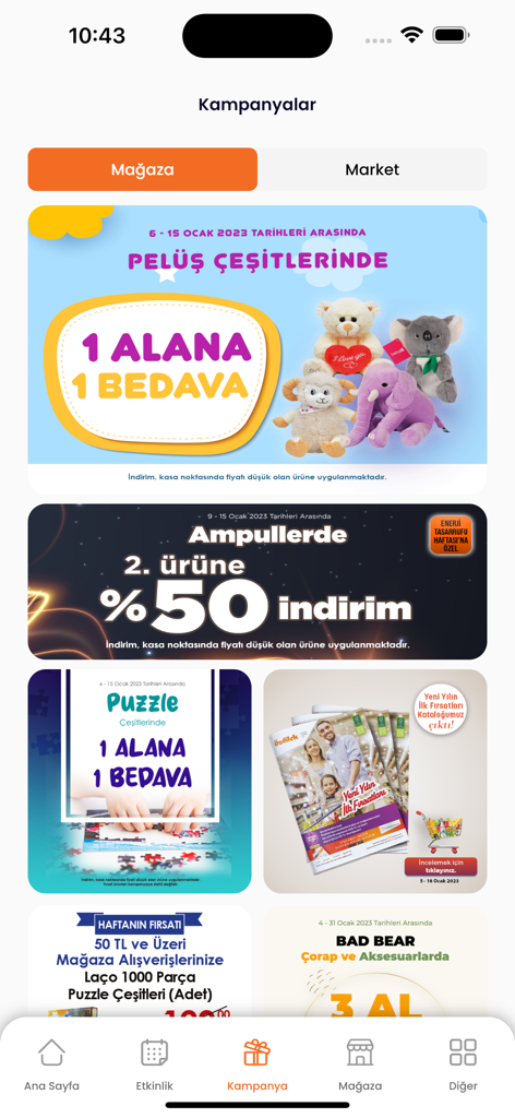 Özdilek AVM - Ozdilek AVM app campaign screen showing various retail store promotions and discounts