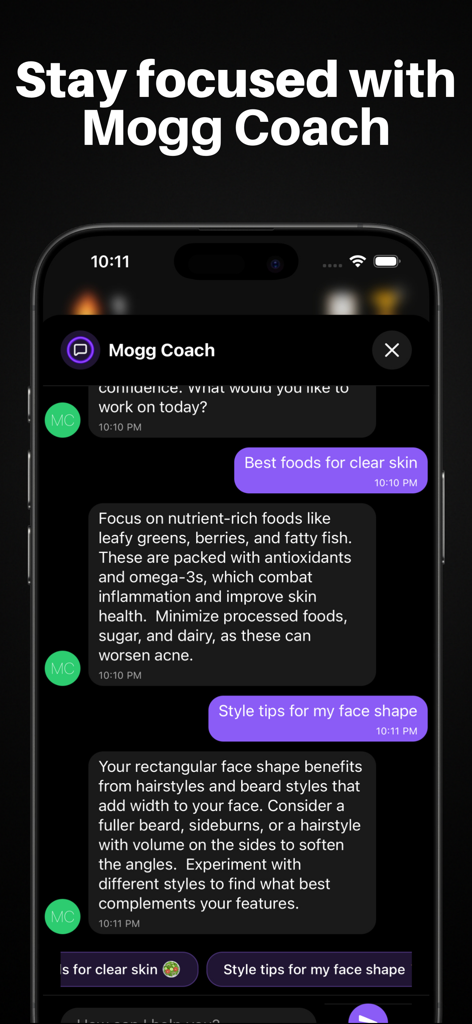 Mogged: Glow Up for Men - Mogged App KI-Coach gibt Ratschläge zur Hautpflege und zum Stil für Männer