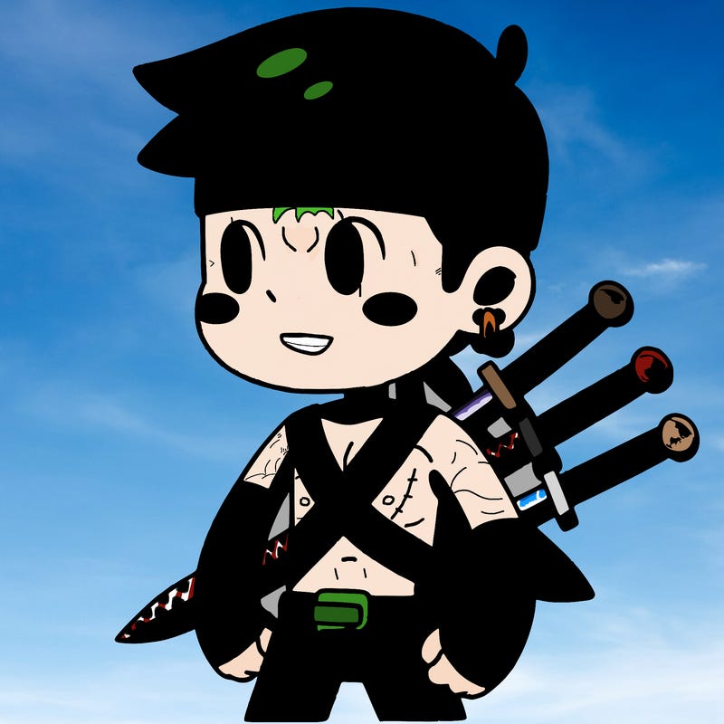 boy with short green hair, 3 swords, green hip warmer, green bandana, no shirt, earring on left ear