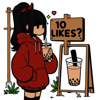 girl with oversized hoodie drinking boba and she has a high ponytail with a sign that says 10likes?