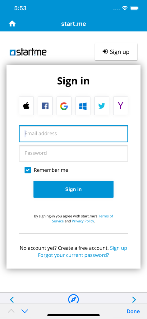 Start.me - Página de inicio de sesión de Start.me con opciones de inicio de sesión social y campos de correo electrónico