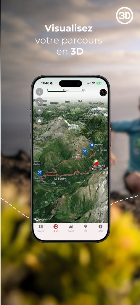 Trail Connect - Trail Connect mobile app displaying a 3D topographic map of a trail running route in Chamonix-Mont-Blanc