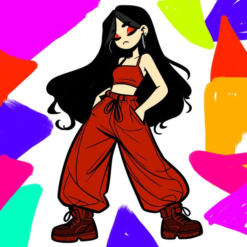 girl in baggy pants crop top and long hair