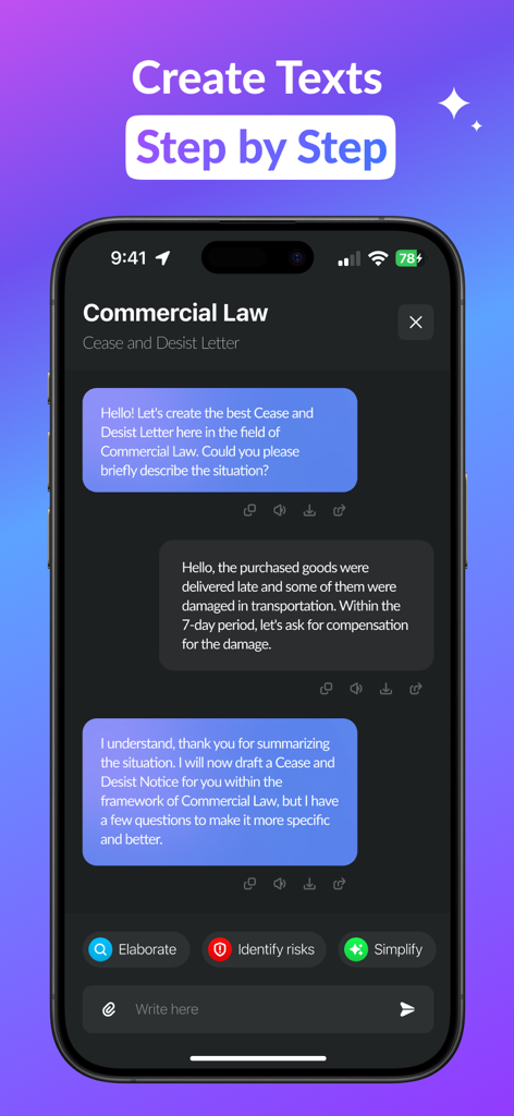 Lawly AI – Legal Assistant - Lawly AI app interface showing a chat-based assistant for drafting a commercial law cease and desist letter
