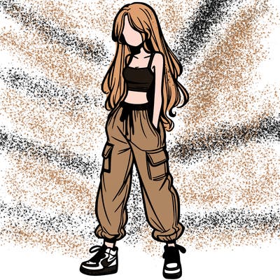 girl in baggy pants crop top and long hair
