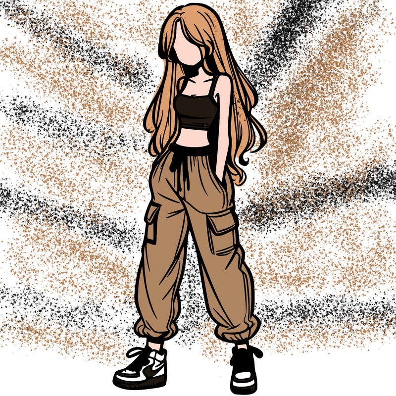 girl in baggy pants crop top and long hair