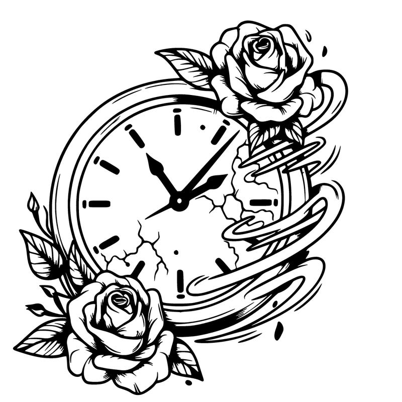 a realistic the clock that appears to be fading away with wilting roses