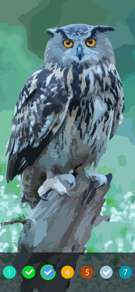 An owl being colored in a realistic oil painting style using a color by number app interface.