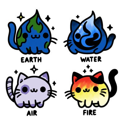 4 cats that represent the different elements, earth, water, air, and fire