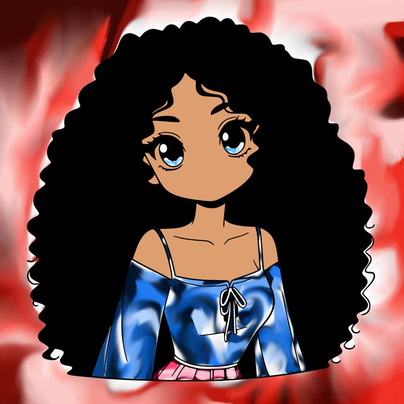 a black anime girl with long afro hair