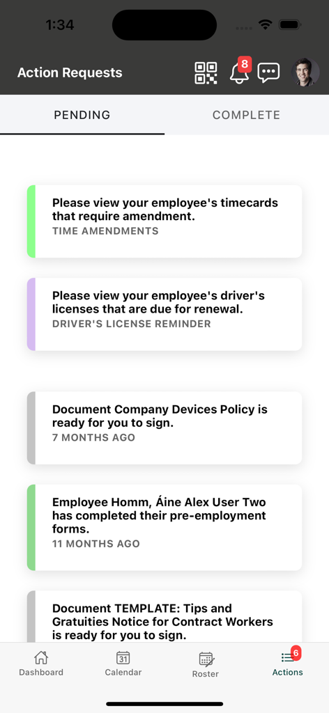 HR Duo Go - HR Duo Go app interface showing pending action requests for timecards and document signatures.