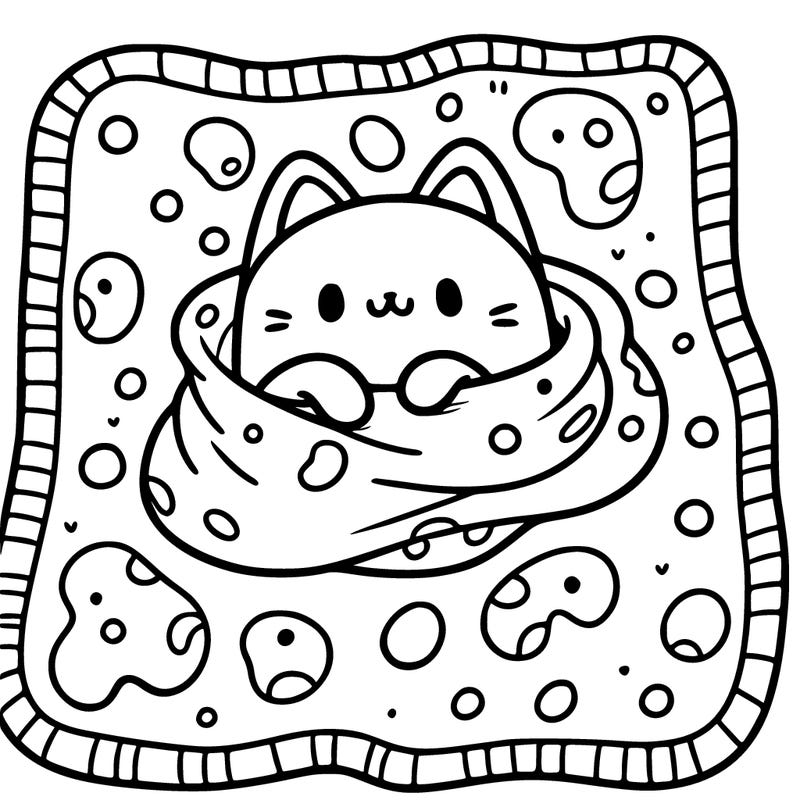 a blanket with blobs for a pattern and a cute cat on it