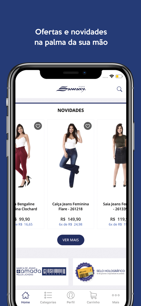 Sawary - Sawary Jeans mobile app interface showing new denim fashion arrivals and promotional offers