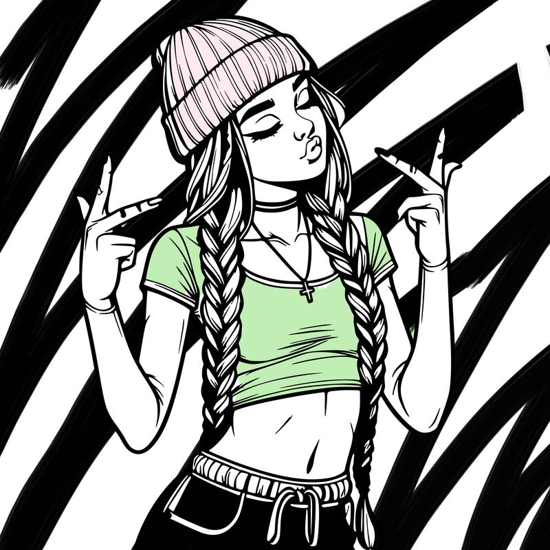 realistic teenage girl with braids and a beanie and crop top doing 🫶🏼