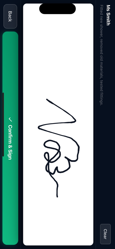 Écran de signature numérique sur une application mobile montrant la signature d'un client et un bouton de confirmation vert.