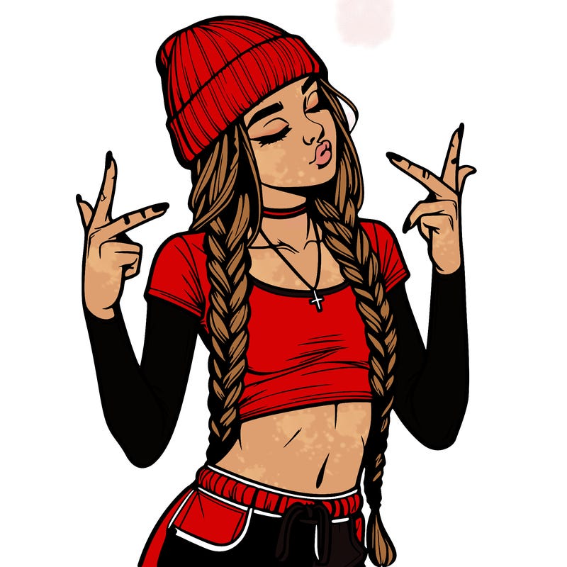 realistic teenage girl with braids and a beanie and crop top doing 🫶🏼