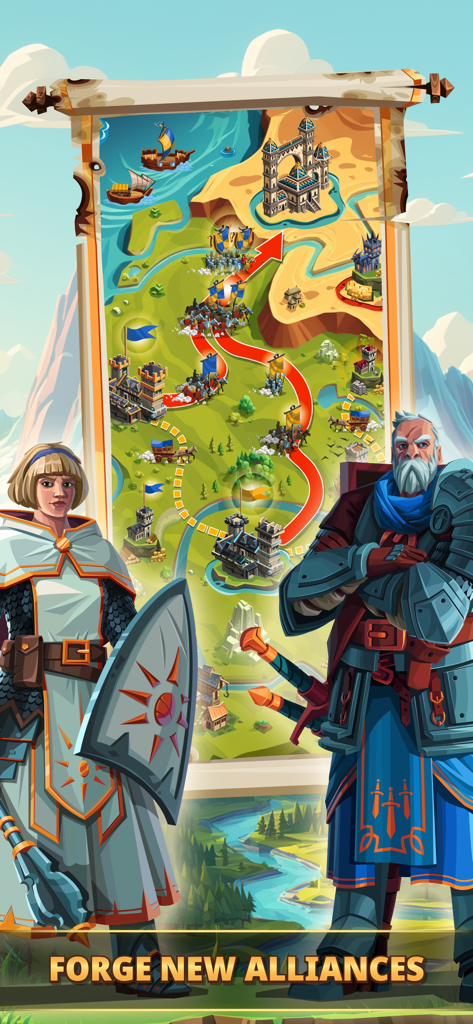 Two medieval characters standing in front of a strategic battle map scroll with the text Forge New Alliances