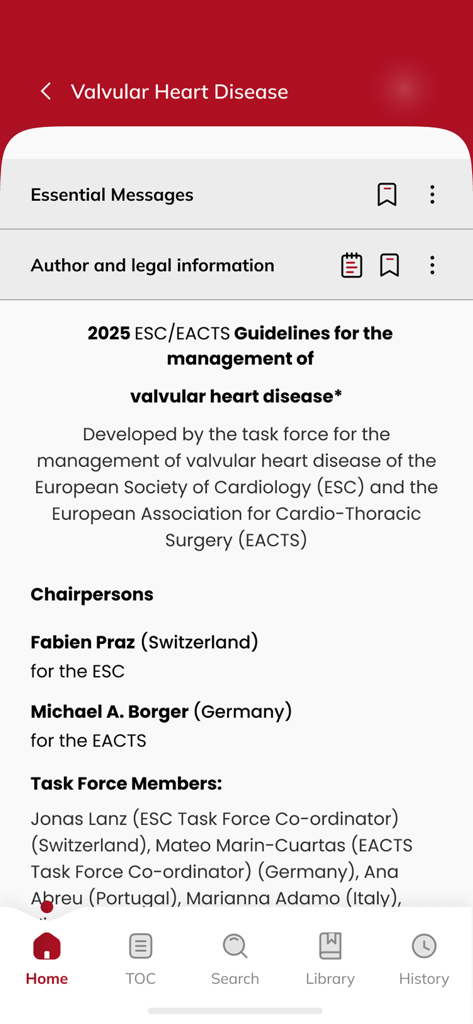 Schermata dell'app ESC Pocket Guidelines che mostra le linee guida cliniche 2025 per la gestione delle malattie valvolari cardiache.