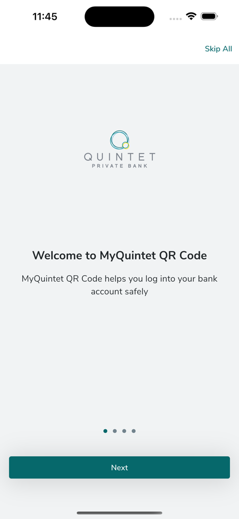 myQuintet QR Code - Welcome screen of the myQuintet QR Code app showing the Quintet Private Bank logo and login instructions.