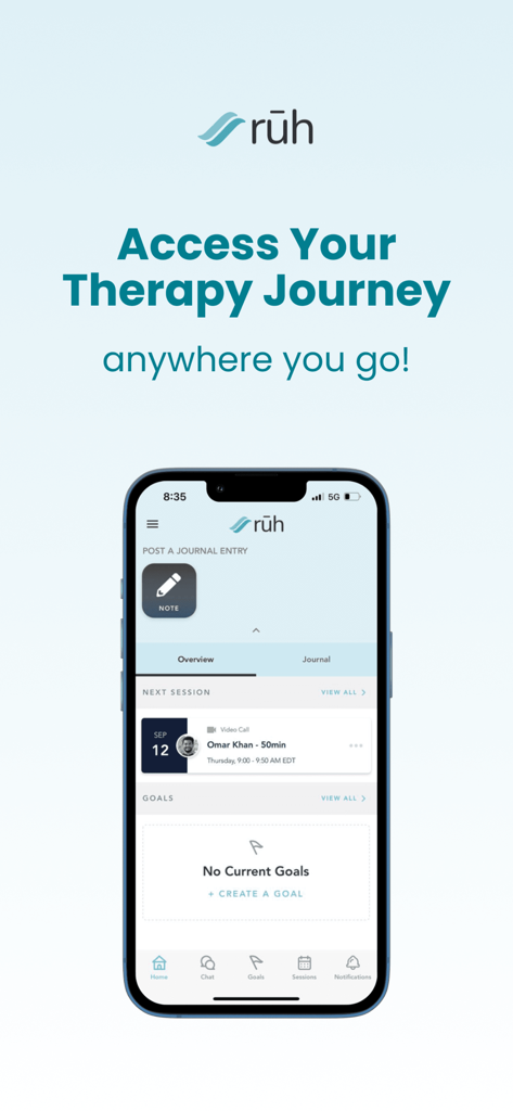 Ruh Care app interface showing a scheduled therapy session and wellness tracking features on a smartphone