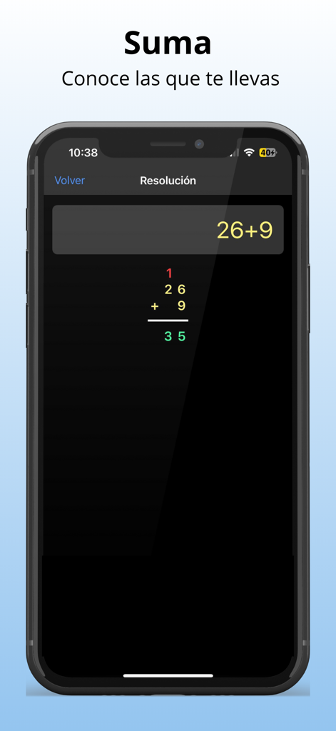 Step by step addition showing the carrying process in the Calculadora de Alicia app