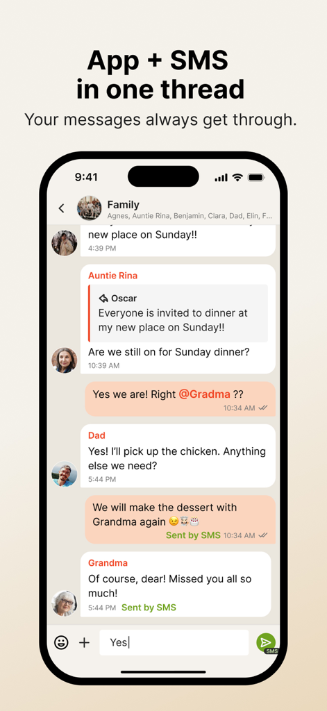 Supertext Messenger - Smartphone display of Supertext Messenger showing a family group chat with mixed app and SMS messages