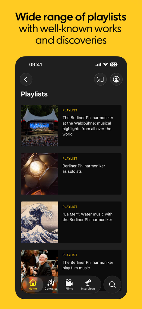 Berliner Philharmoniker - Eine mobile Benutzeroberfläche der Berliner Philharmoniker App, die verschiedene klassische Musik-Playlists wie Waldbühne-Highlights und Filmmusik anzeigt.
