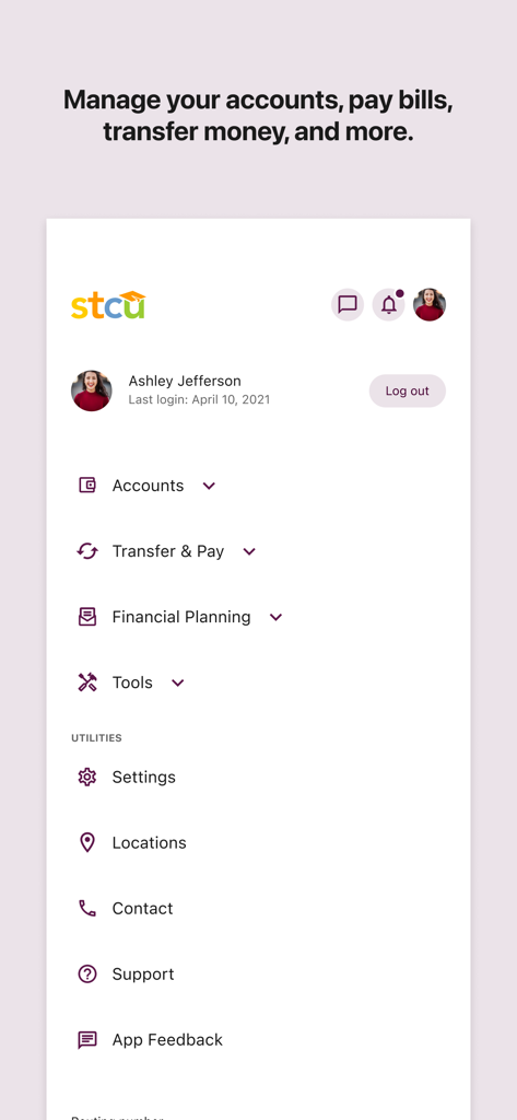 Main menu of the STCU mobile banking app showing account settings and financial tools.