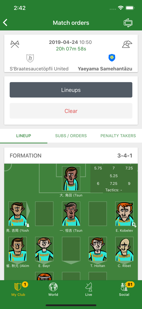 Hattrick Football Manager Game - Interface des ordres de match de l'application Hattrick montrant la composition d'une équipe de soccer et une formation 3-4-1 avec des avatars de joueurs de dessin animé