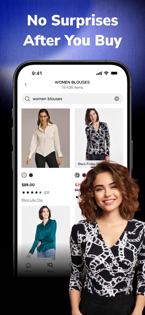 AI Virtual Try On - GIGI - GIGI app interface showing a woman virtually trying on a patterned blouse while browsing a clothing store