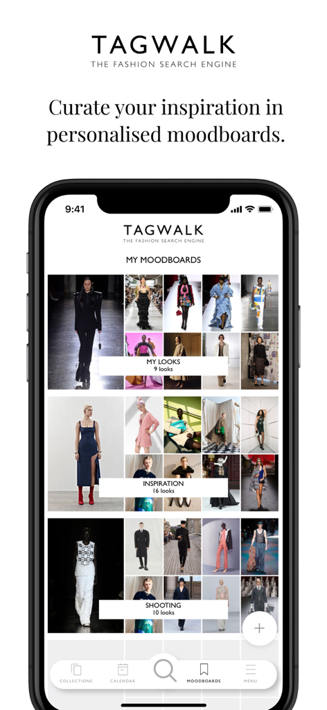 TAGWALK - Interface of Tagwalk app showing personalized fashion moodboards with runway imagery