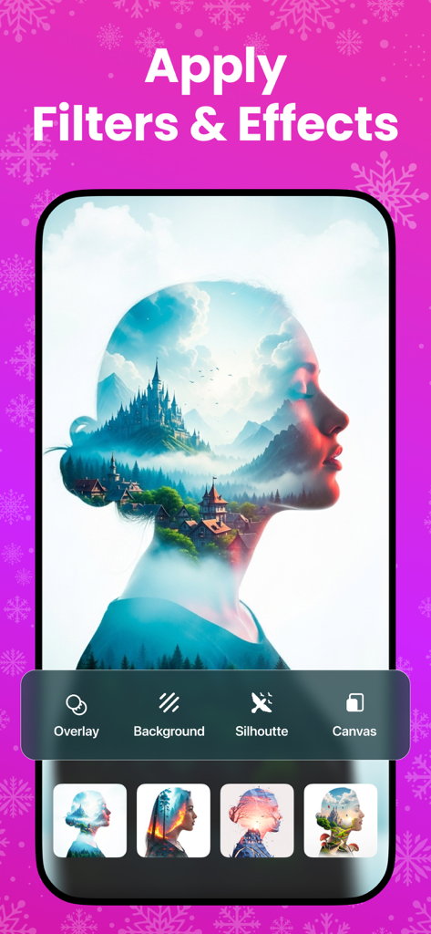 Edit Up: AI Photo Video Editor - Interfaz de la aplicación Edit Up que muestra filtros de silueta de doble exposición y efectos artísticos